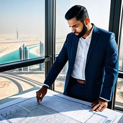 Home 6 JAMstack 아키텍처의 데이터 통합 방법 - "A professional Arab architect, fully clothed in modest, modern business attire, reviewing blueprint...