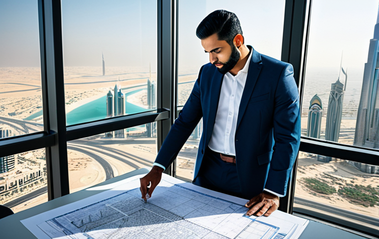 JAMstack 아키텍처의 데이터 통합 방법 - "A professional Arab architect, fully clothed in modest, modern business attire, reviewing blueprint...